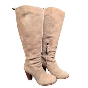 Women's Joie Taupe Suede Leather Zip Knee High Heel Boots EU 37.5 US 7 Beige